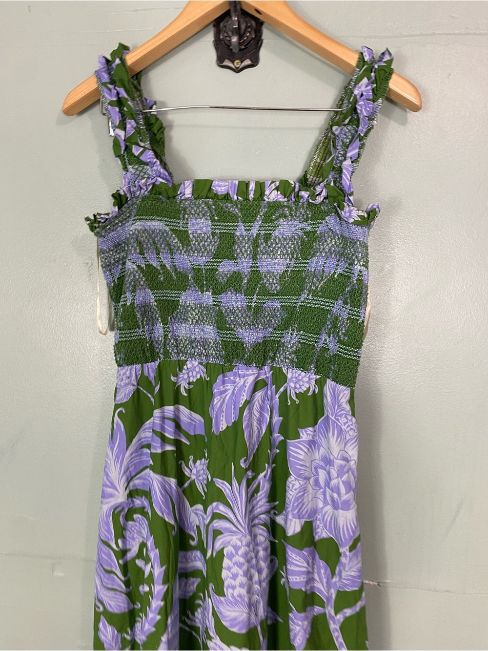 Farm Rio Tropical Swing Smocked Sleeveless Midi Dress Green Purple XL Pineapple - Picture 4 of 8